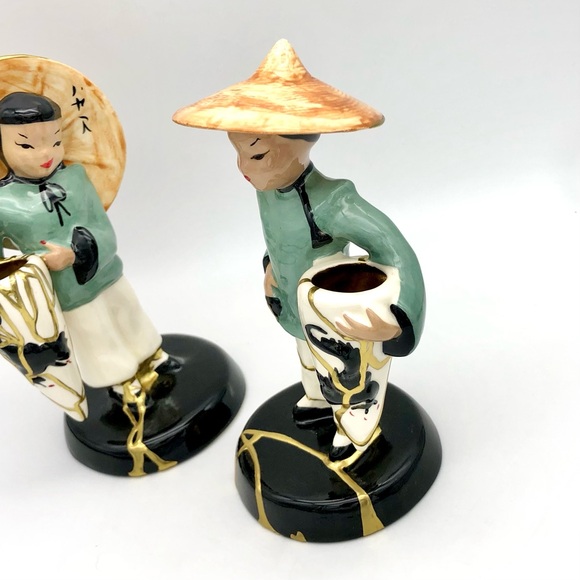Vilas Asian Statuette Pair Kintsugi Repaired Gold Crack Art Growth Gift MCM - Picture 8 of 16
